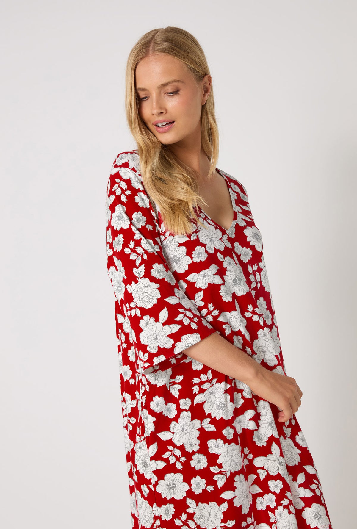 A lady wearing Floral Charm Stretch Jersey Sleep Dress