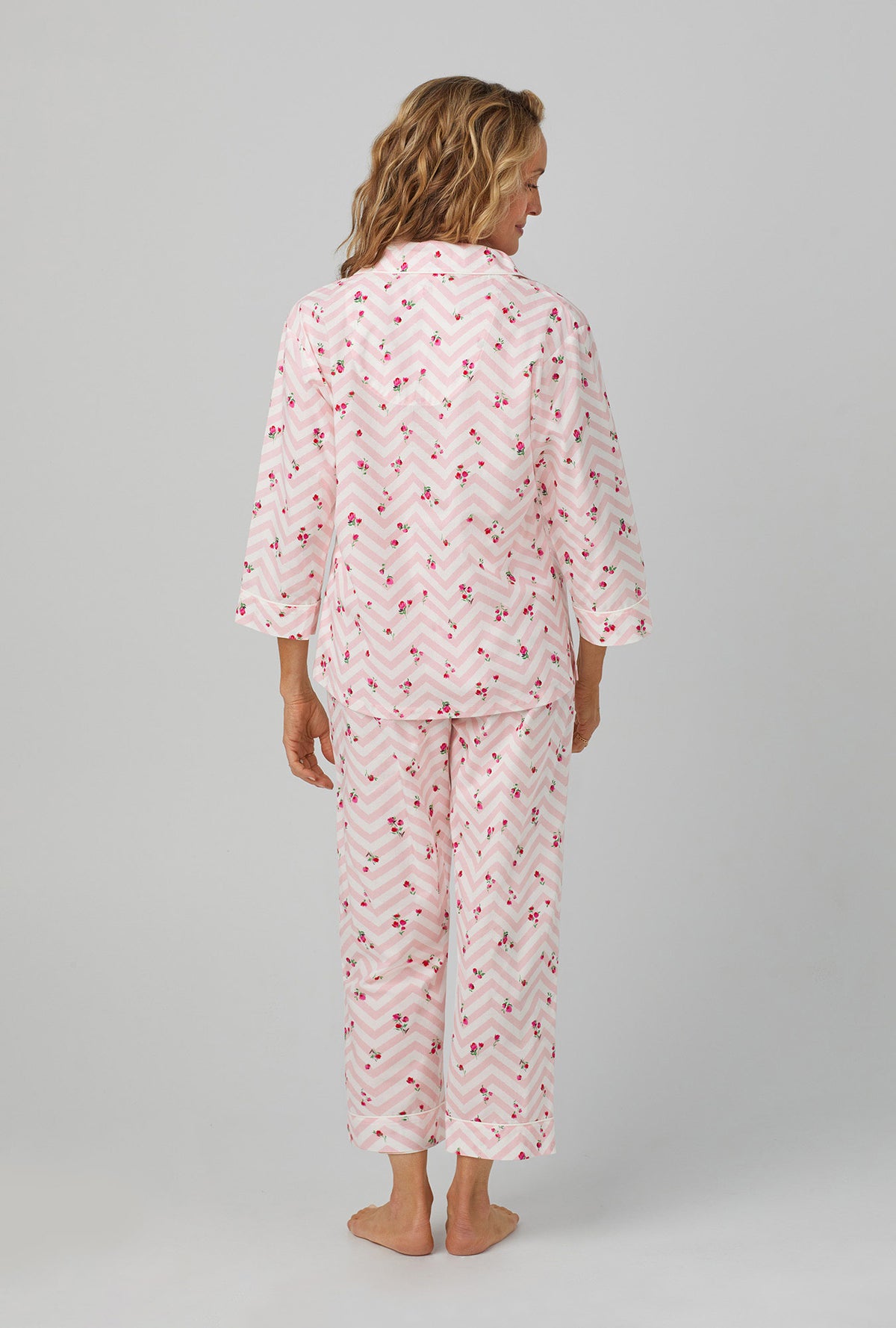 A lady wearing 3/4 sleeve classic cotton poplin cropped pj set with josephine print