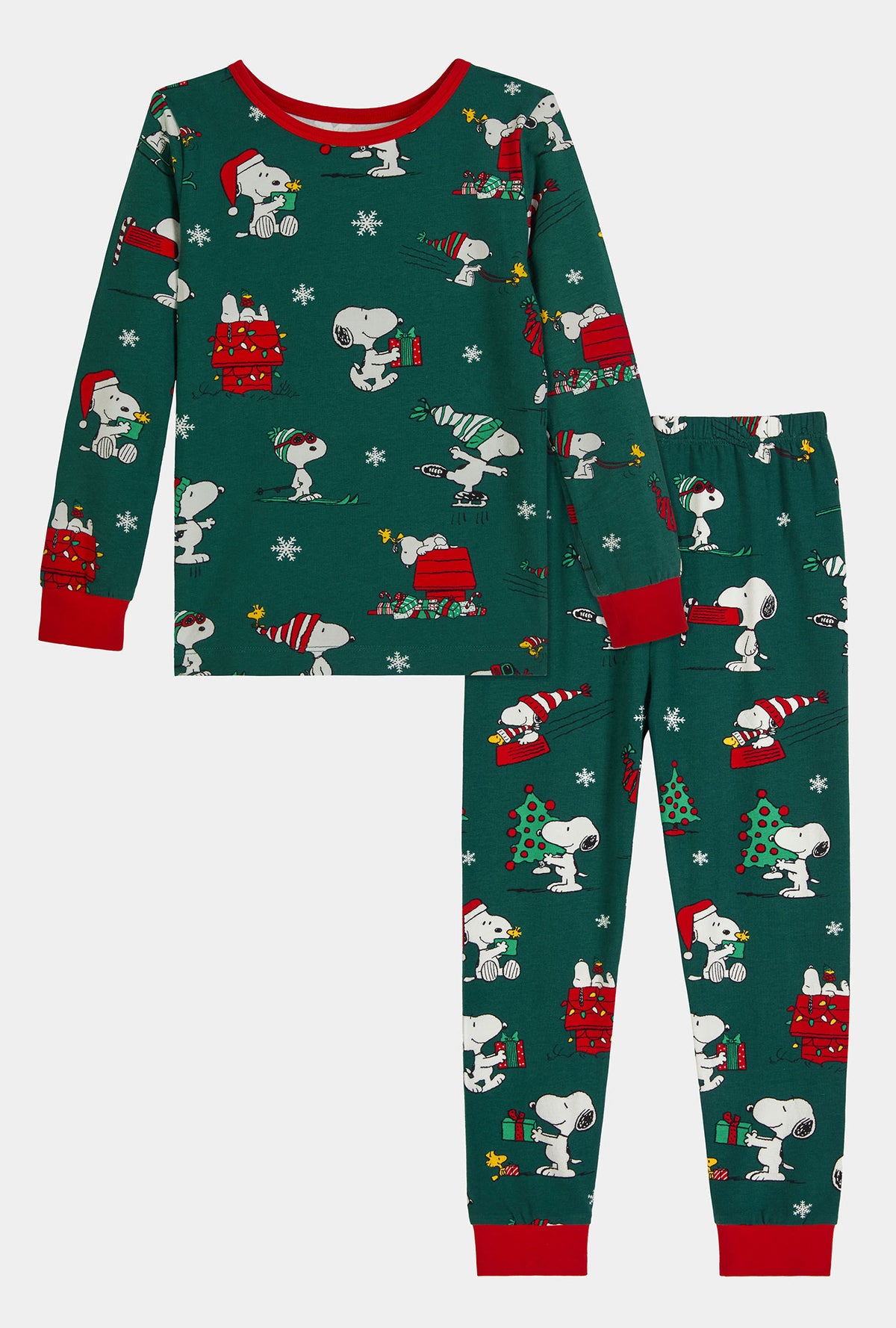 A girl wearing ®Snoopy&#39;s Holiday Fun Long Sleeve Stretch Jersey Kids Pj Set