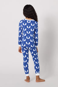 A Girl wearing Owl Be Back Long Sleeve Stretch Jersey Kids Pj Set back view