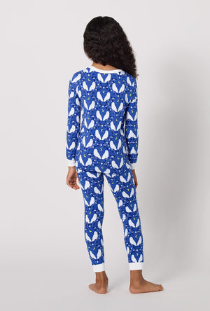 A Girl wearing Owl Be Back Long Sleeve Stretch Jersey Kids Pj Set back view