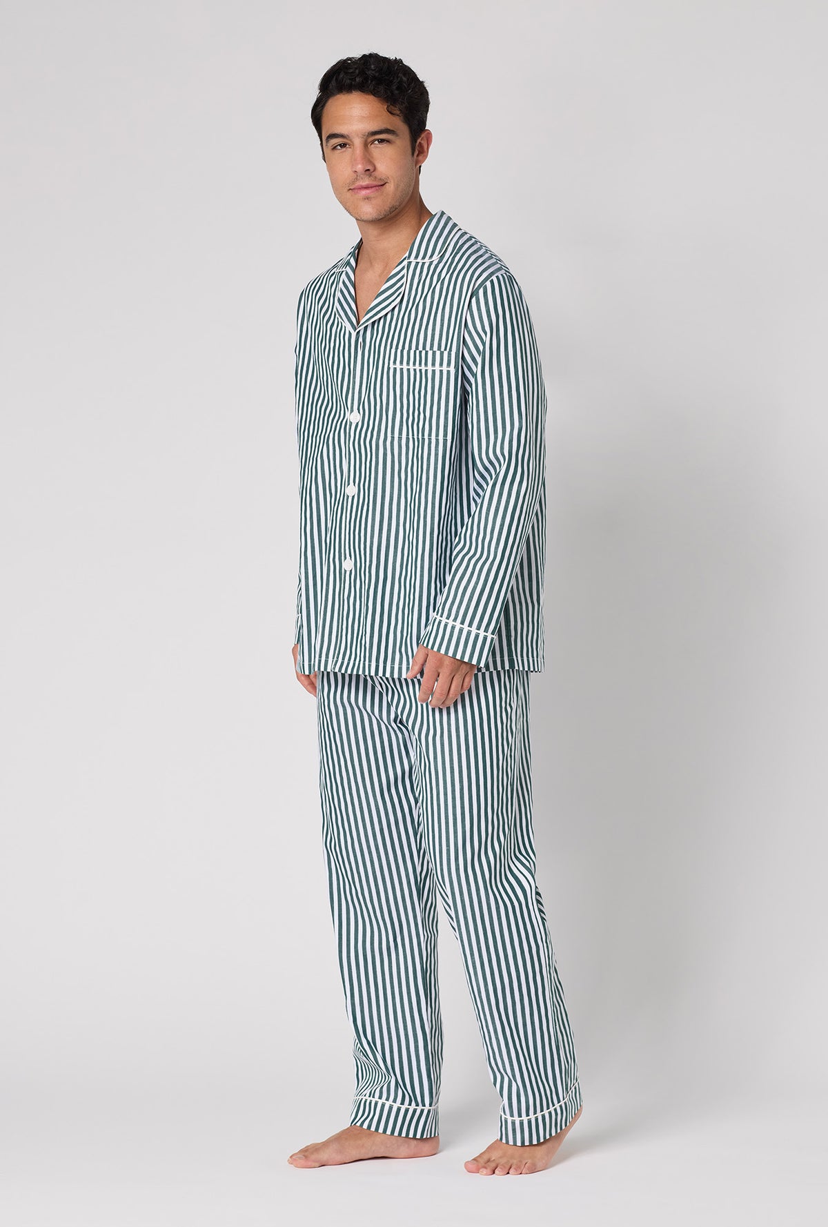 A Man wearing Green Signature Stripe Men's Long Sleeve Classic Woven Cotton Sateen Pj Set