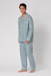 A Man wearing Green Signature Stripe Men's Long Sleeve Classic Woven Cotton Sateen Pj Set