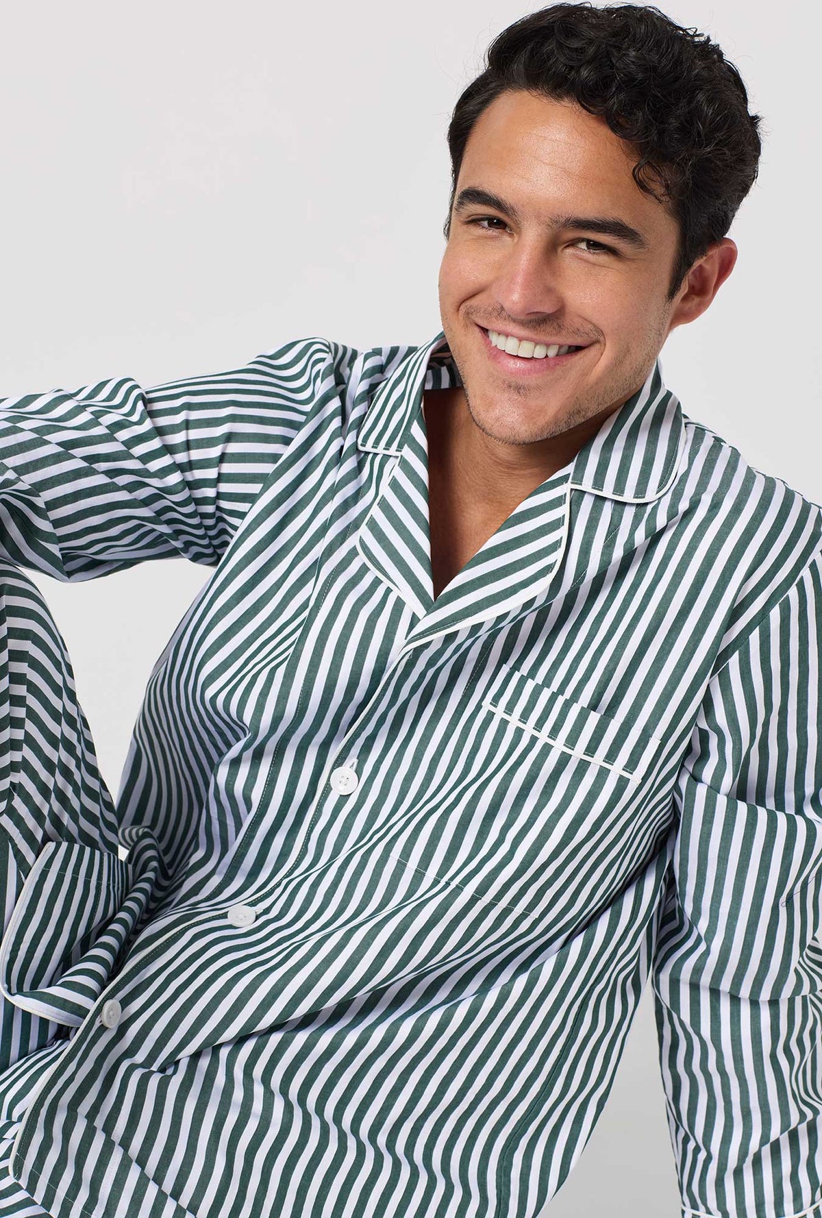 A Man wearing Green Signature Stripe Men's Long Sleeve Classic Woven Cotton Sateen Pj Set closer look