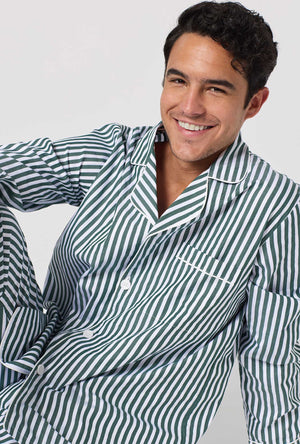 A Man wearing Green Signature Stripe Men's Long Sleeve Classic Woven Cotton Sateen Pj Set closer look