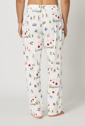 A man wearing Snow Much Fun Men's Stretch Jersey Pj Pant back view