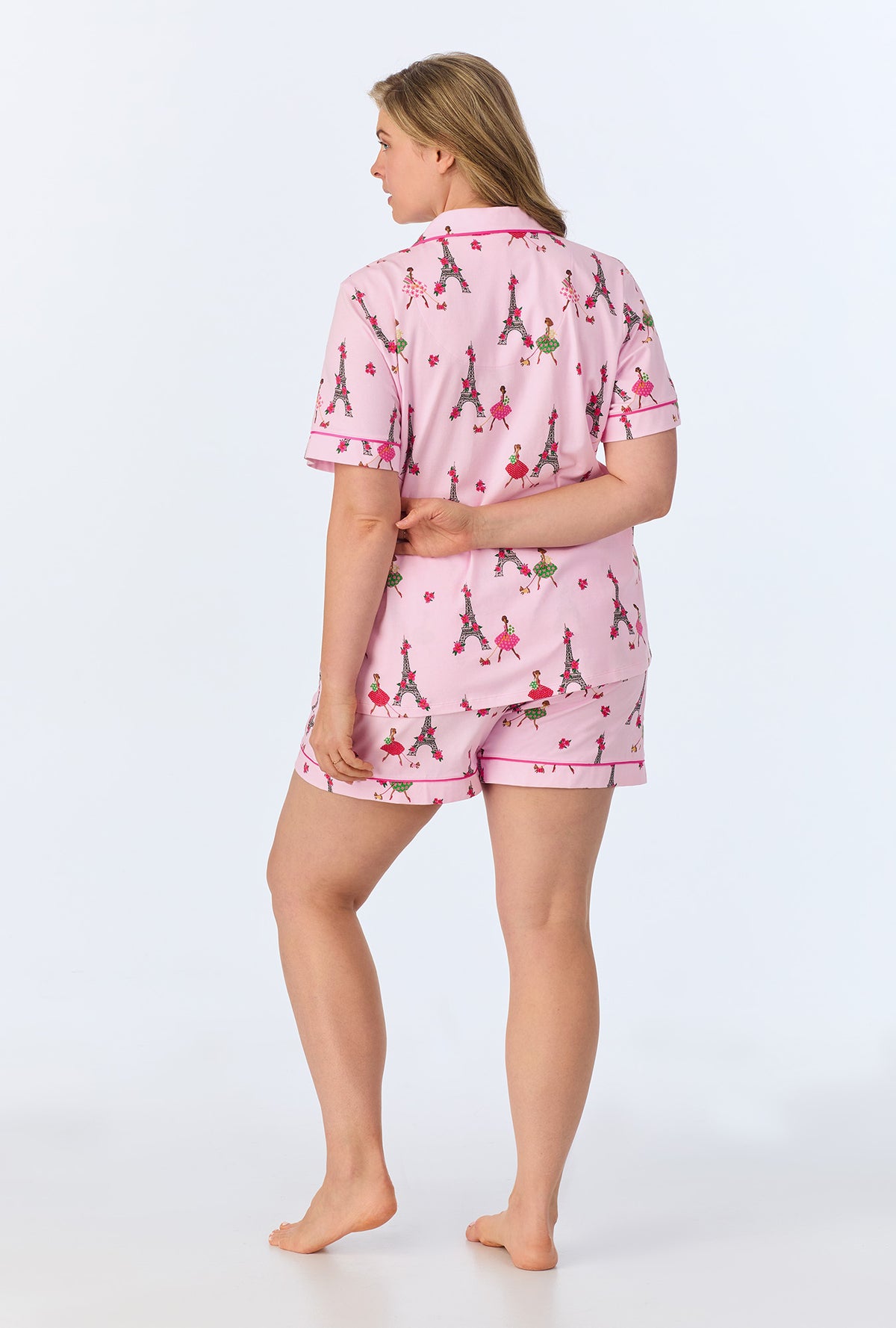 A lady wearing Tres Chic Short Sleeve Classic Shorty Stretch Jersey PJ Set
