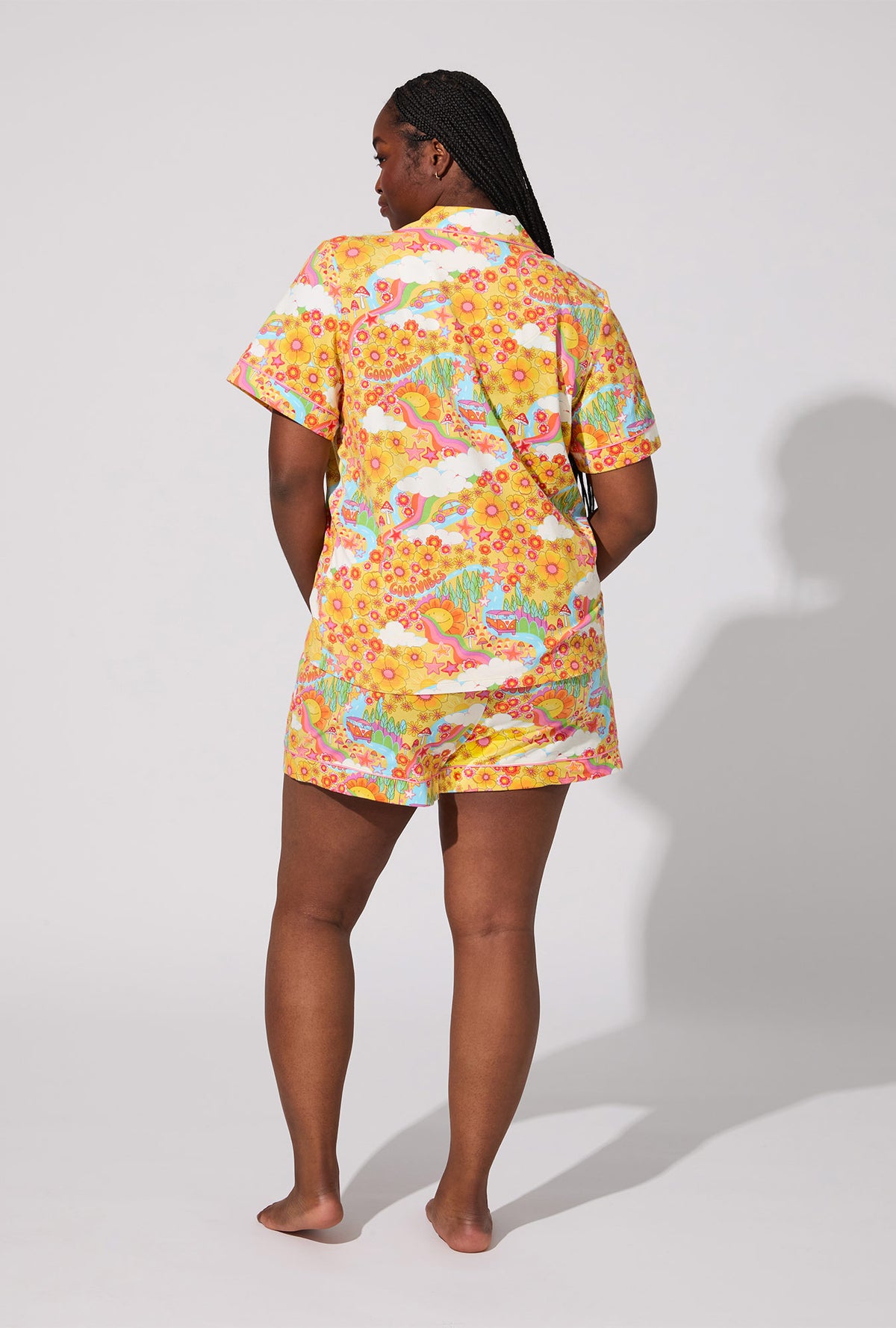 A lady wearing Good Vibes Short Sleeve Classic Shorty Stretch Jersey PJ Set