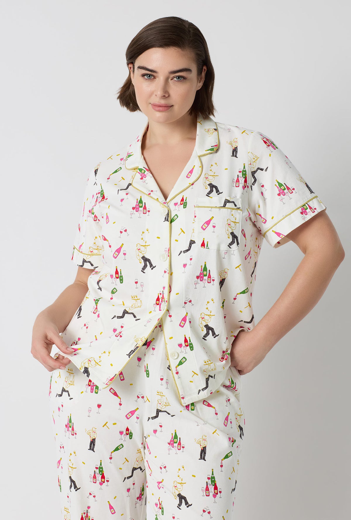 A Lady Wearing Plus Size Bar A Vin Short Sleeve Classic Stretch Jersey Cropped Pj Set in a front facing close up pose