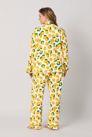 A lady wearing plus size White and  Yellow Long Sleeve Classic Stretch Jersey Pj Set back view