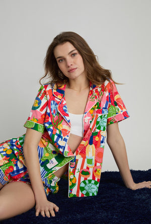 A lady wearing Picnic In The Park Short Sleeve Classic Shorty Stretch Jersey Pj Set