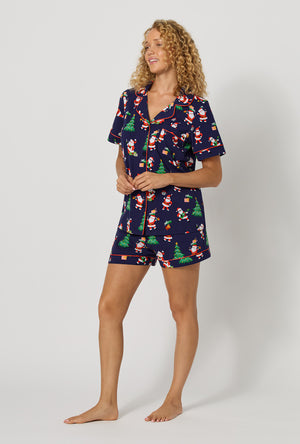 A lady wearing Santa's Night Out Short Sleeve Classic Shorty Stretch Jersey Pj Set