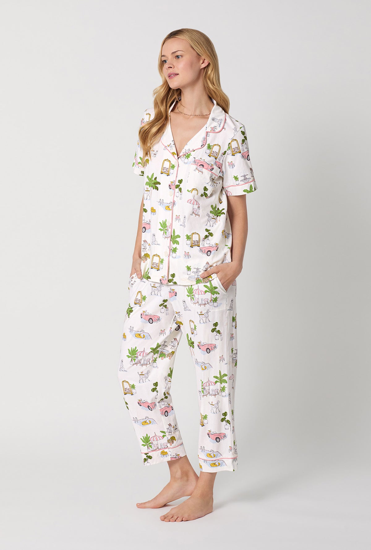 A Lady Wearing Poolside Poodles Short Sleeve Classic Stretch Jersey Cropped PJ Set Side Angle View