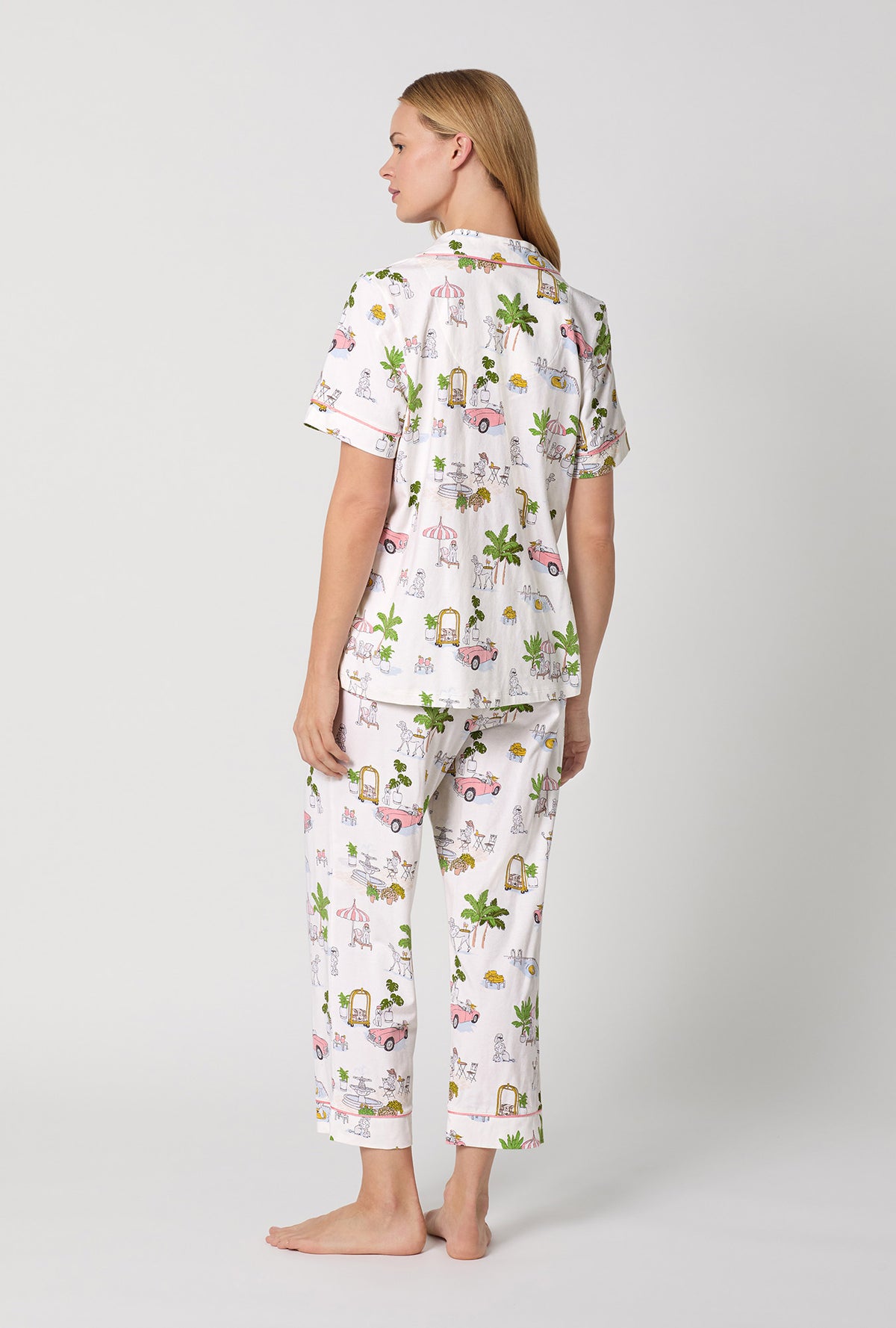 A Lady Wearing Poolside Poodles Short Sleeve Classic Stretch Jersey Cropped PJ Set Back View