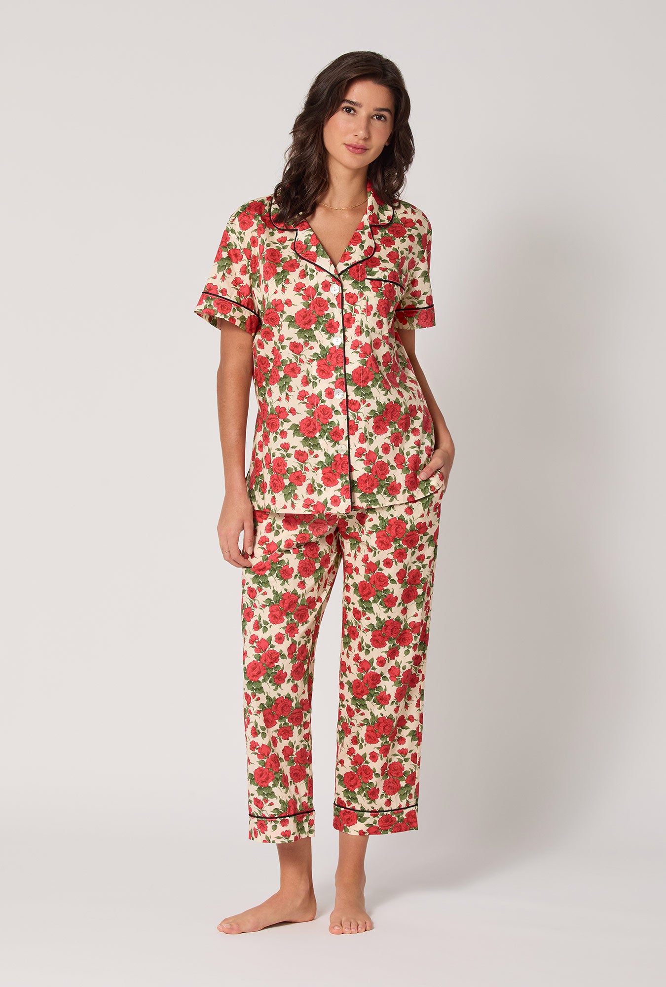 A Lady wearing Carline Rose Short Sleeve Classic Woven Tana Lawn® Cropped Pj Set Made With Liberty Fabric