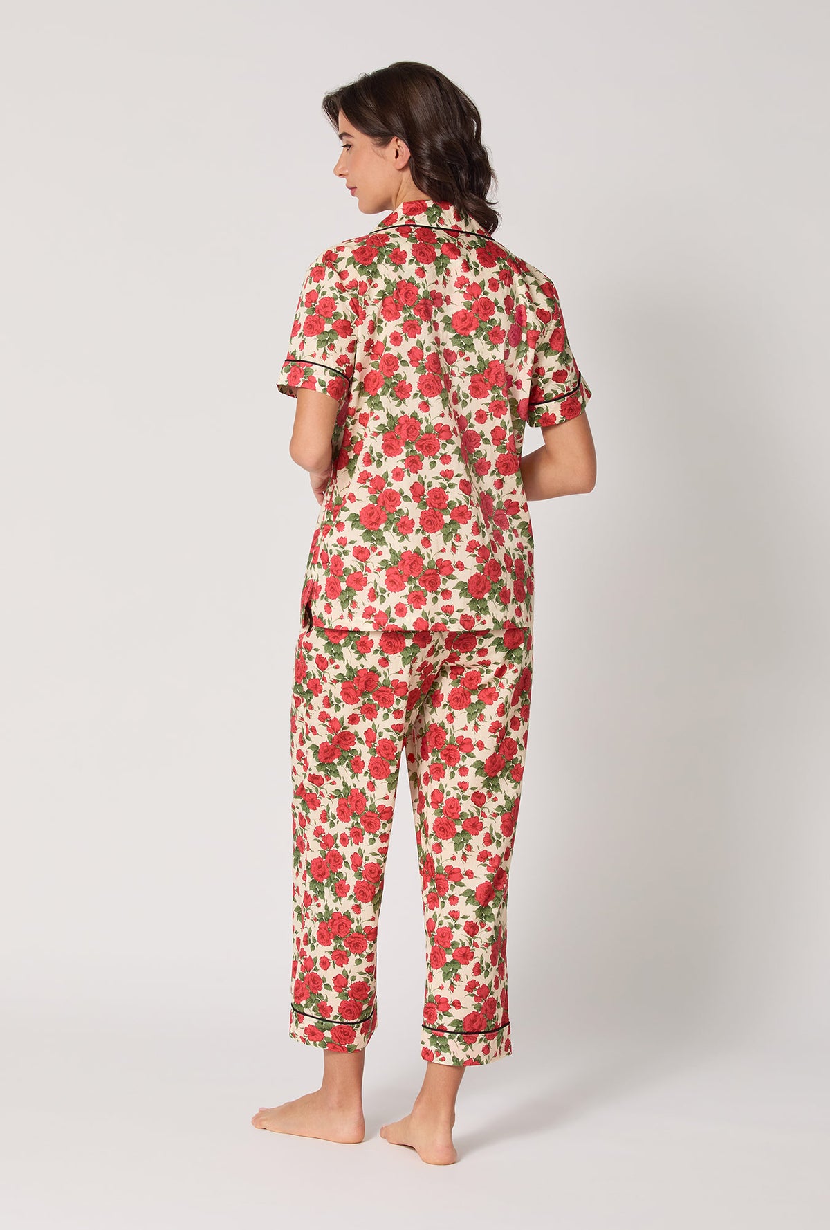 A Lady wearing Carline Rose Short Sleeve Classic Woven Tana Lawn® Cropped Pj Set Made With Liberty Fabric
