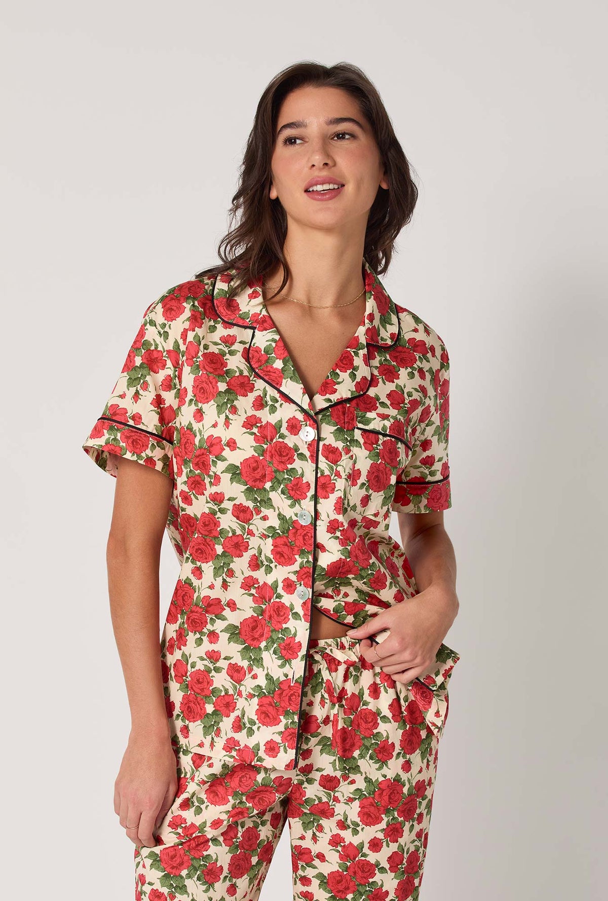 A Lady wearing Carline Rose Short Sleeve Classic Woven Tana Lawn® Cropped Pj Set Made With Liberty Fabric