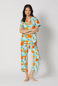 A lady wearing Golden Breeze Short Sleeve Classic Stretch Jersey Cropped Pj Set looking front