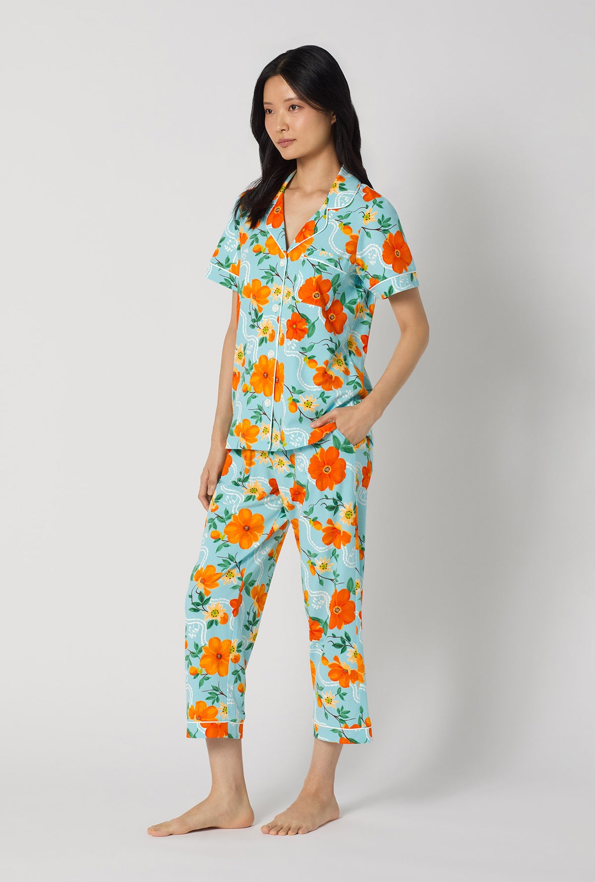 A lady wearing Golden Breeze Short Sleeve Classic Stretch Jersey Cropped Pj Set