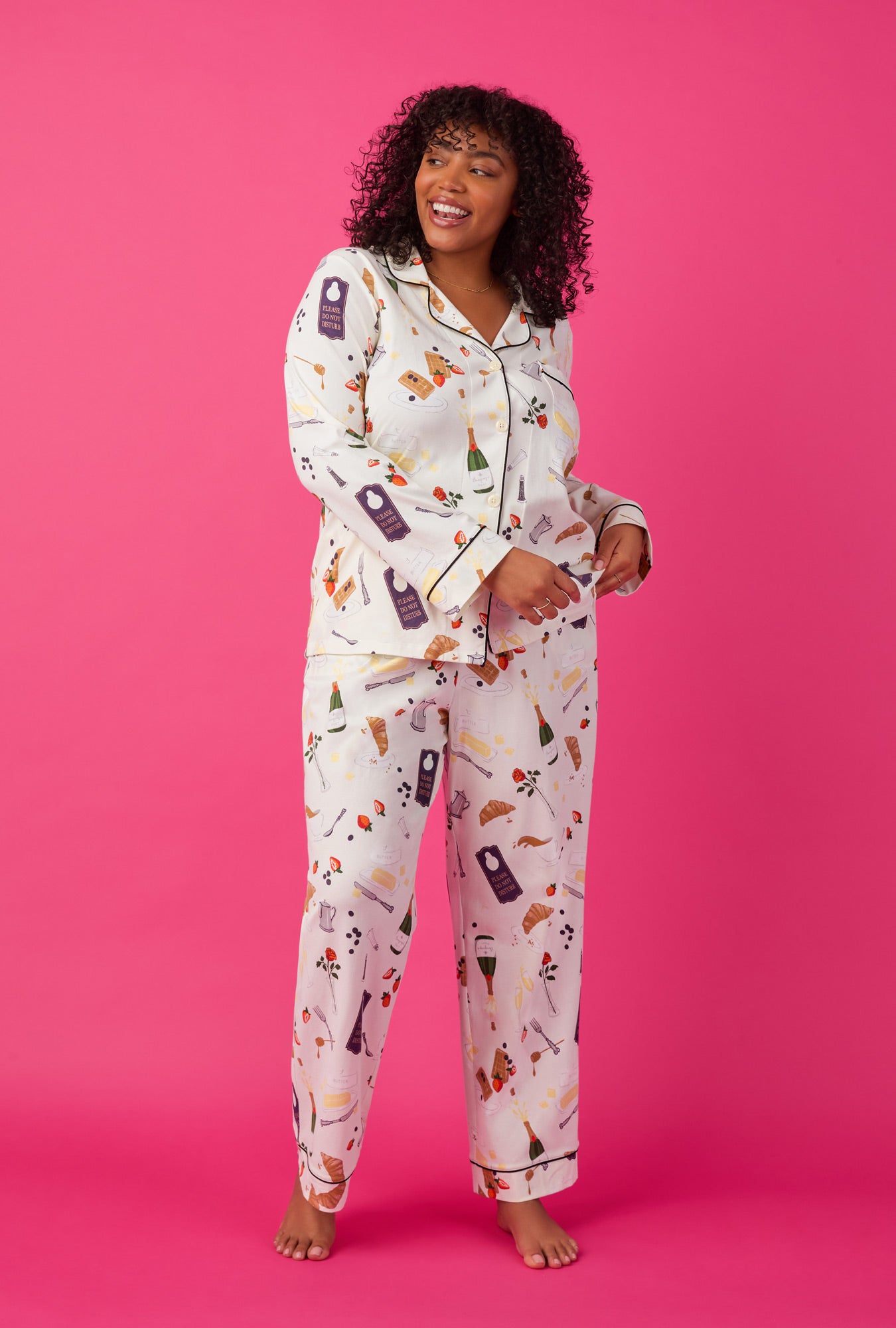 A lady wearing Long Sleeve Classic Stretch Jersey PJ Set with Breakfast In Bed print