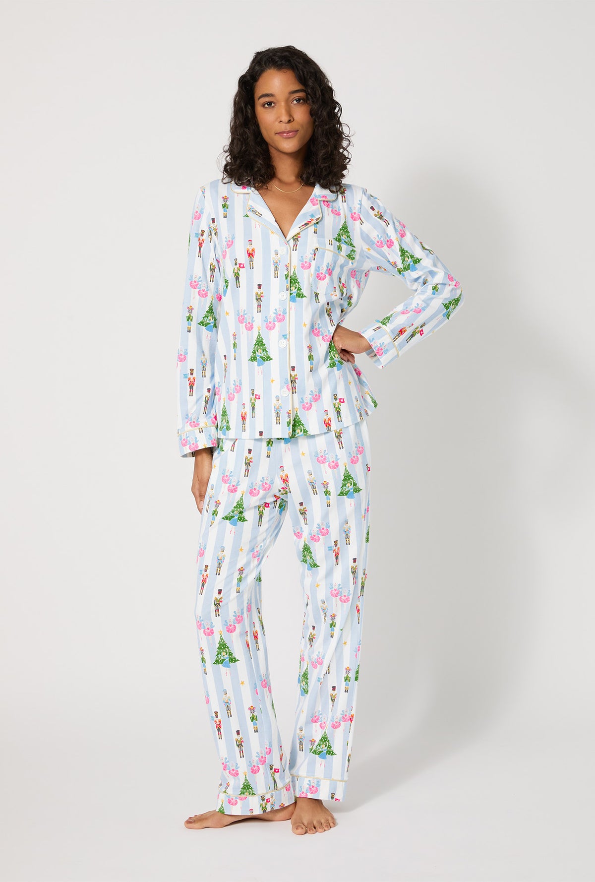 A lady wearing Sugarplum Stripe Long Sleeve Classic Stretch Jersey Pj Set