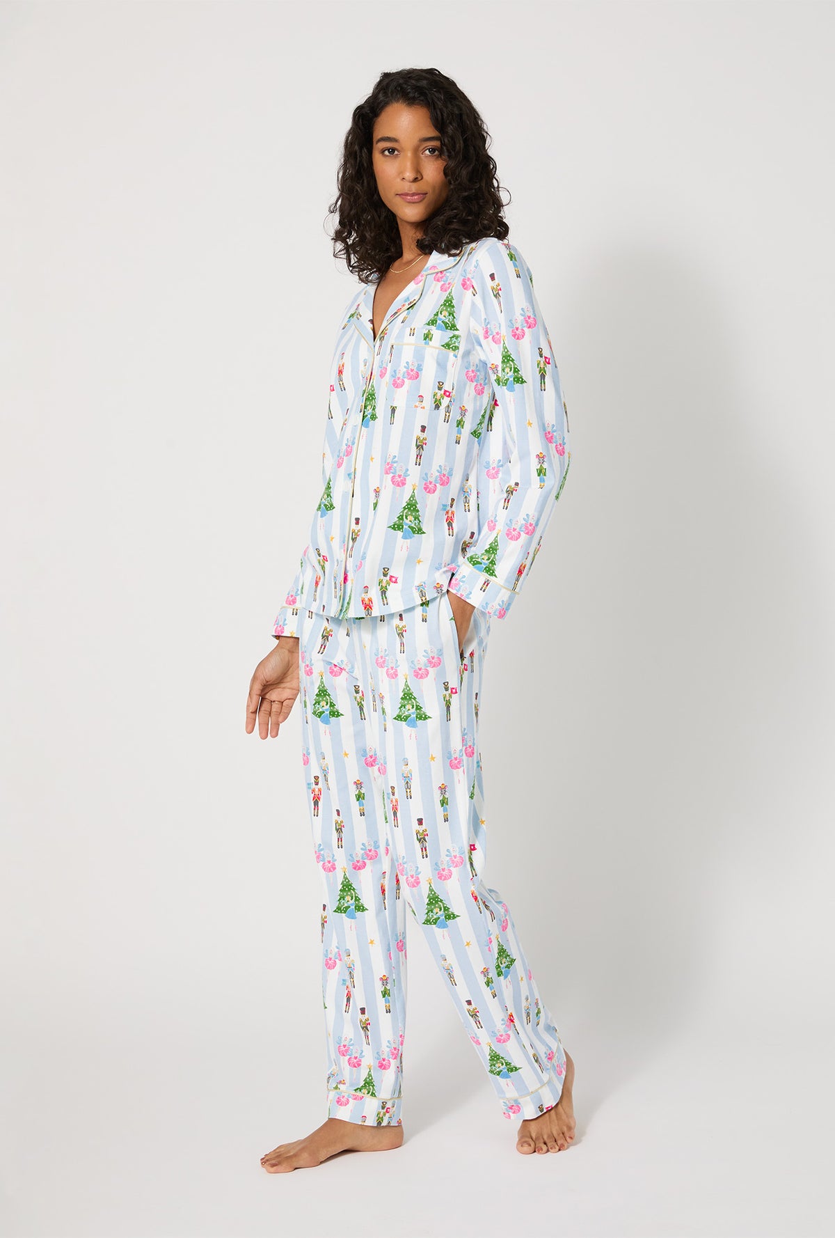 A lady wearing Sugarplum Stripe Long Sleeve Classic Stretch Jersey Pj Set