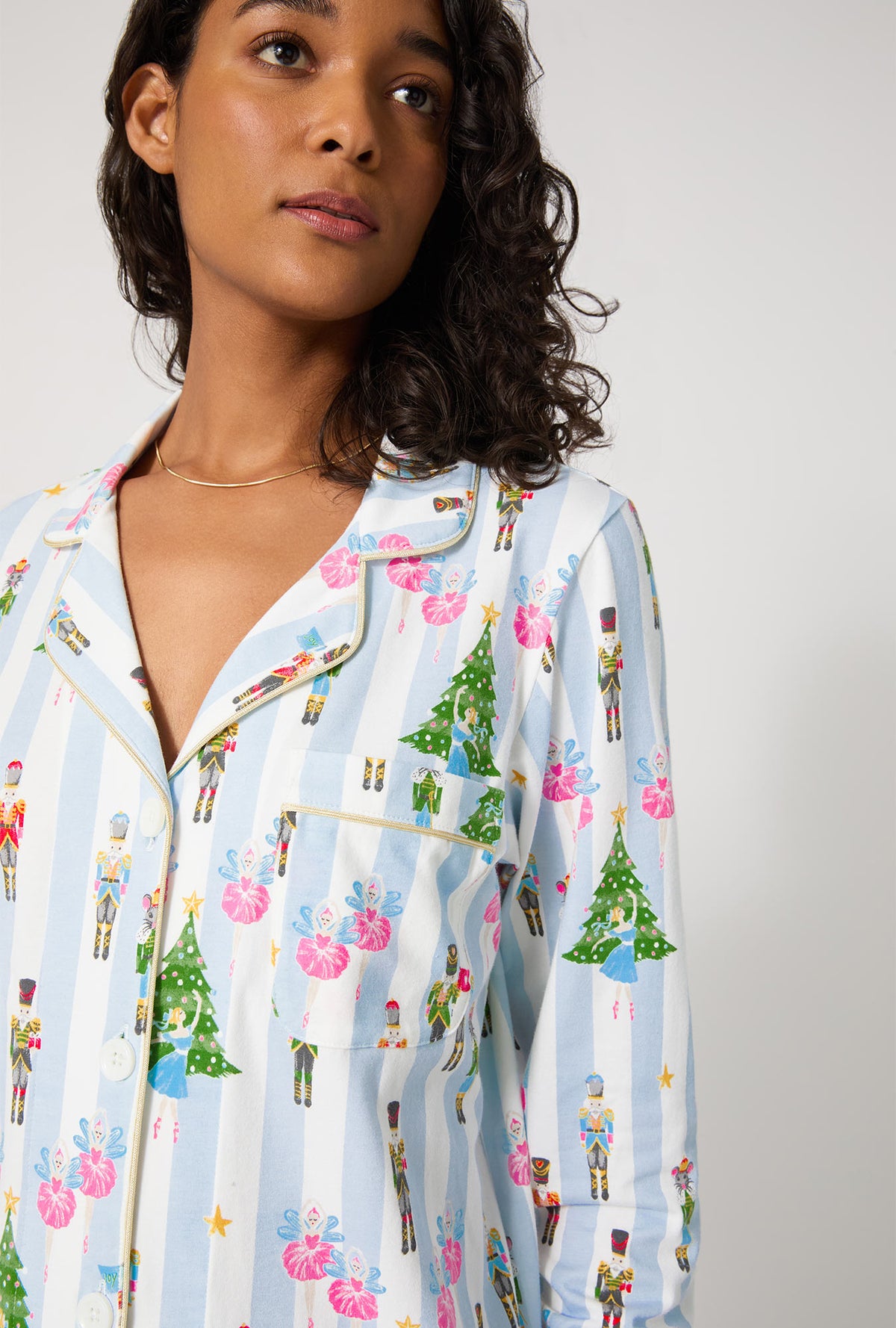 A lady wearing Sugarplum Stripe Long Sleeve Classic Stretch Jersey Pj Set