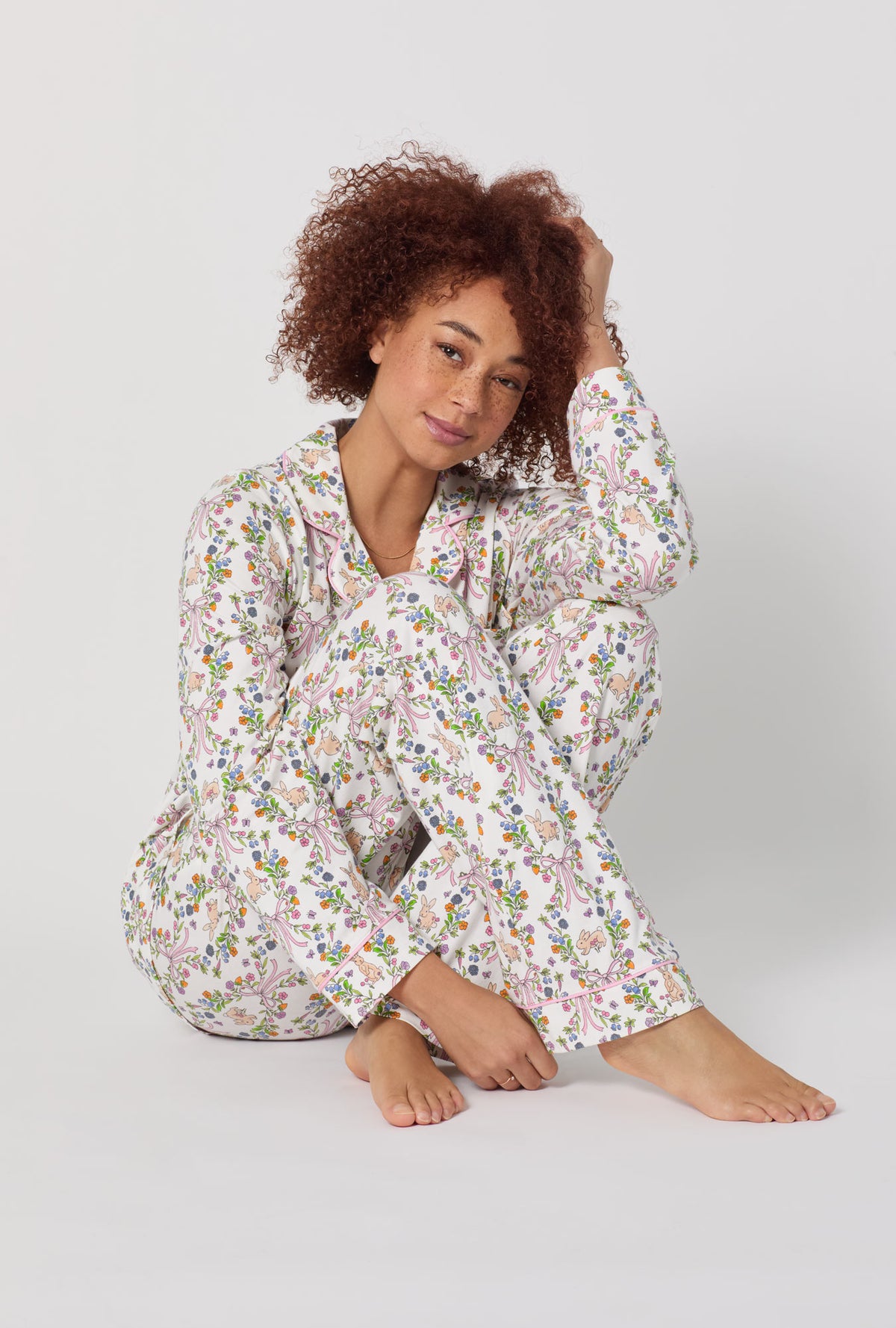 A lady wearing Bunny Blooms Long Sleeve Classic Stretch Jersey Pj Set