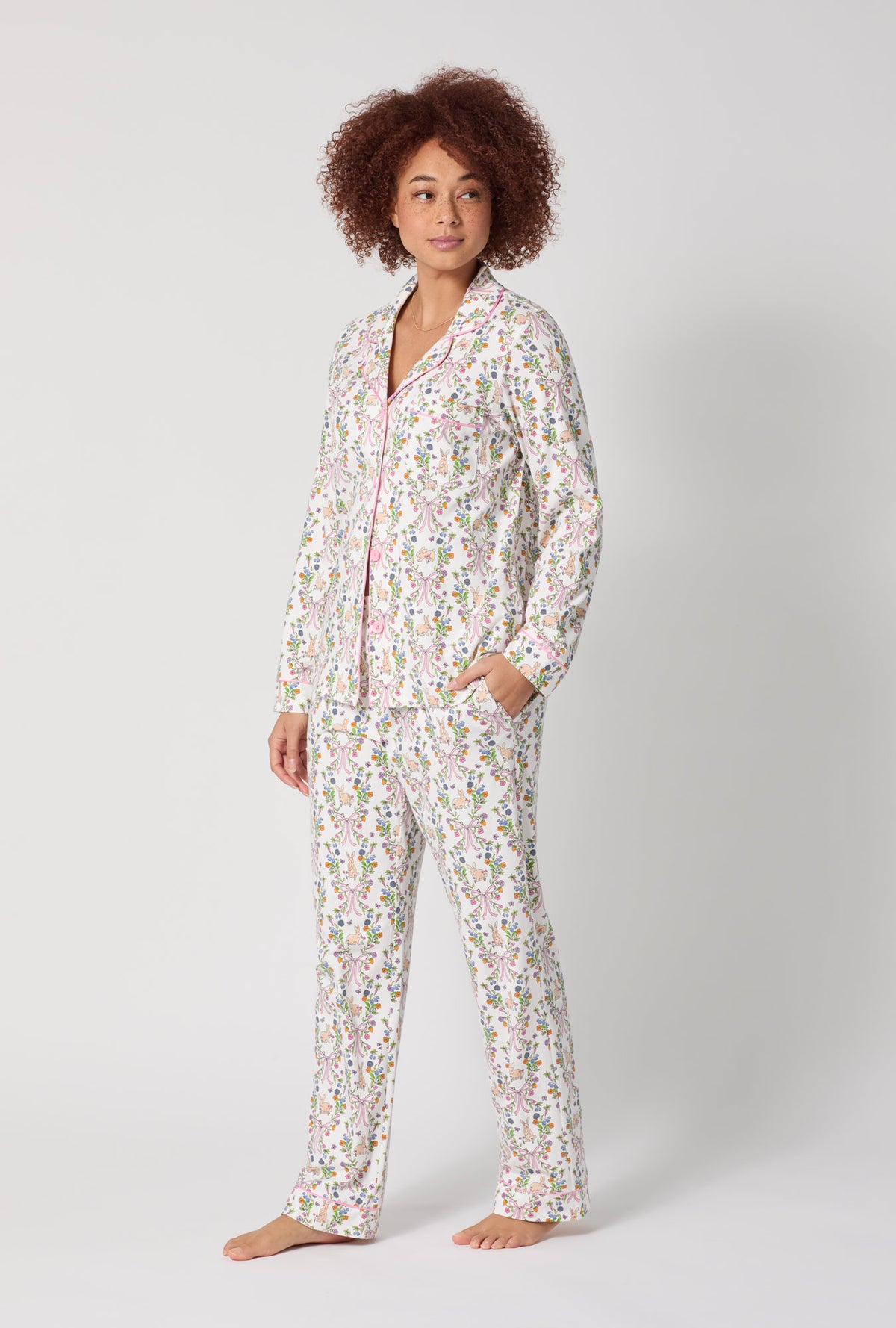 A lady wearing Bunny Blooms Long Sleeve Classic Stretch Jersey Pj Set