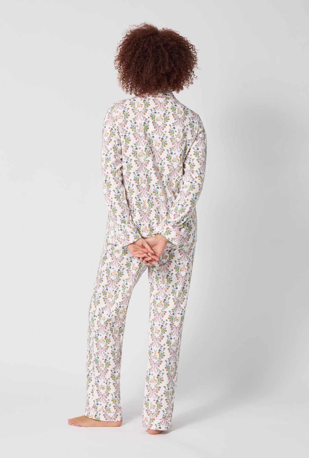 A lady wearing Bunny Blooms Long Sleeve Classic Stretch Jersey Pj Set
