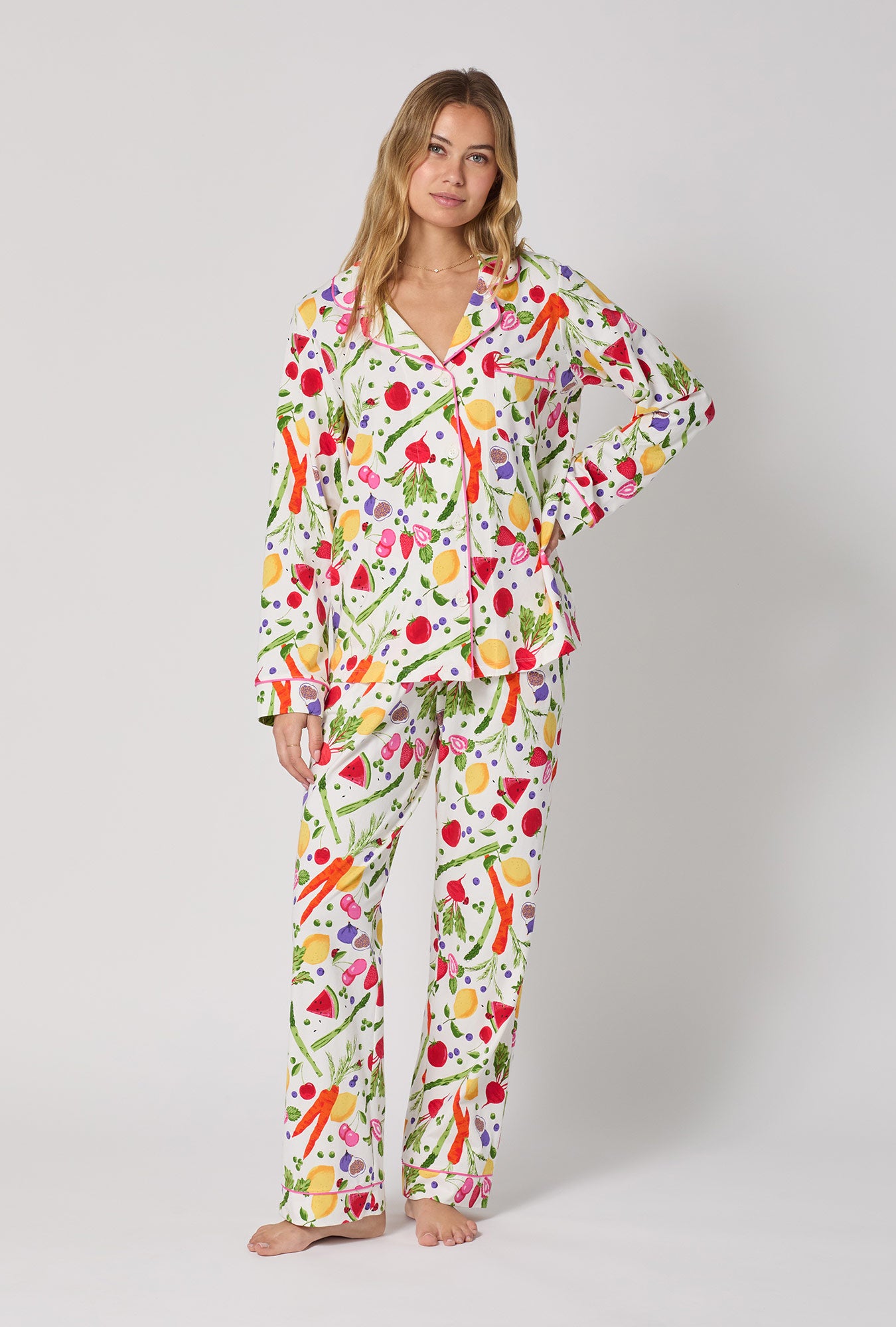 A lady wearing Organic Garden Long Sleeve Classic Stretch Jersey Pj Set