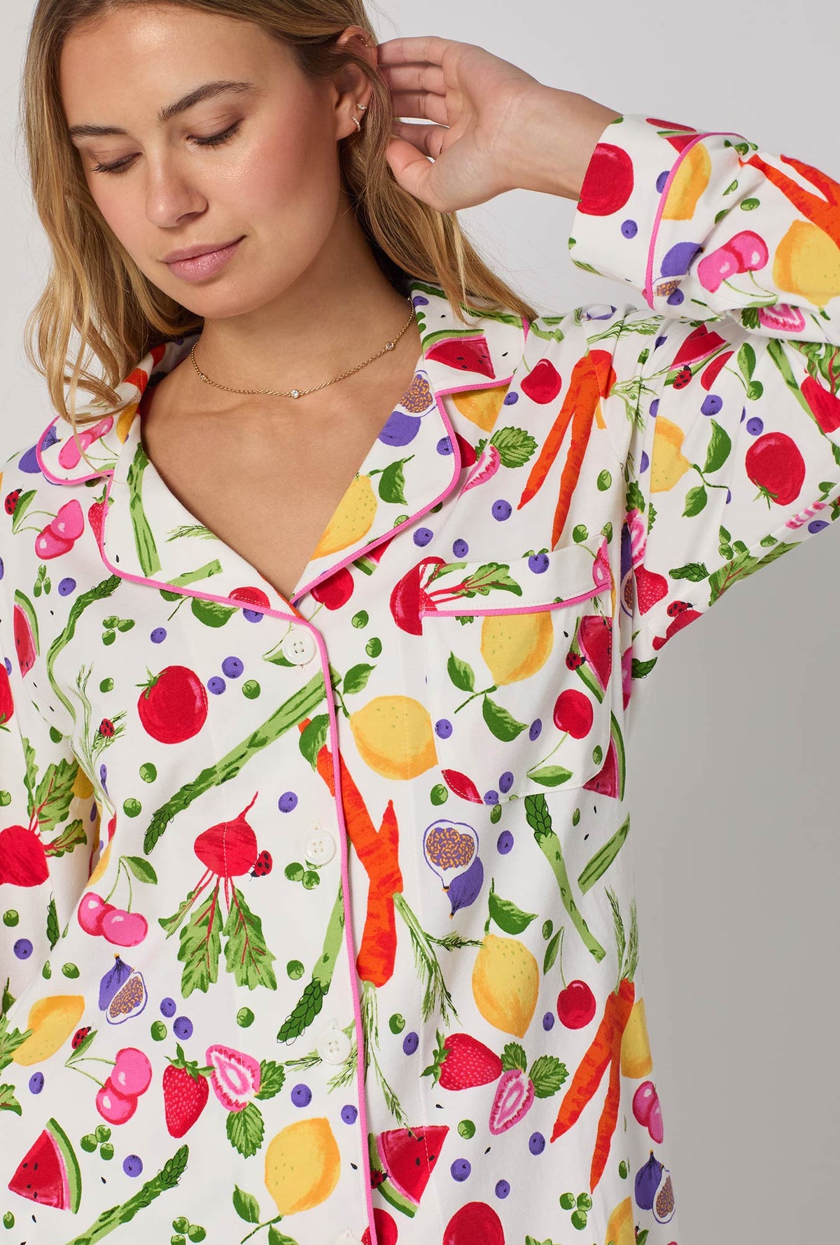 A lady wearing Organic Garden Long Sleeve Classic Stretch Jersey Pj Set