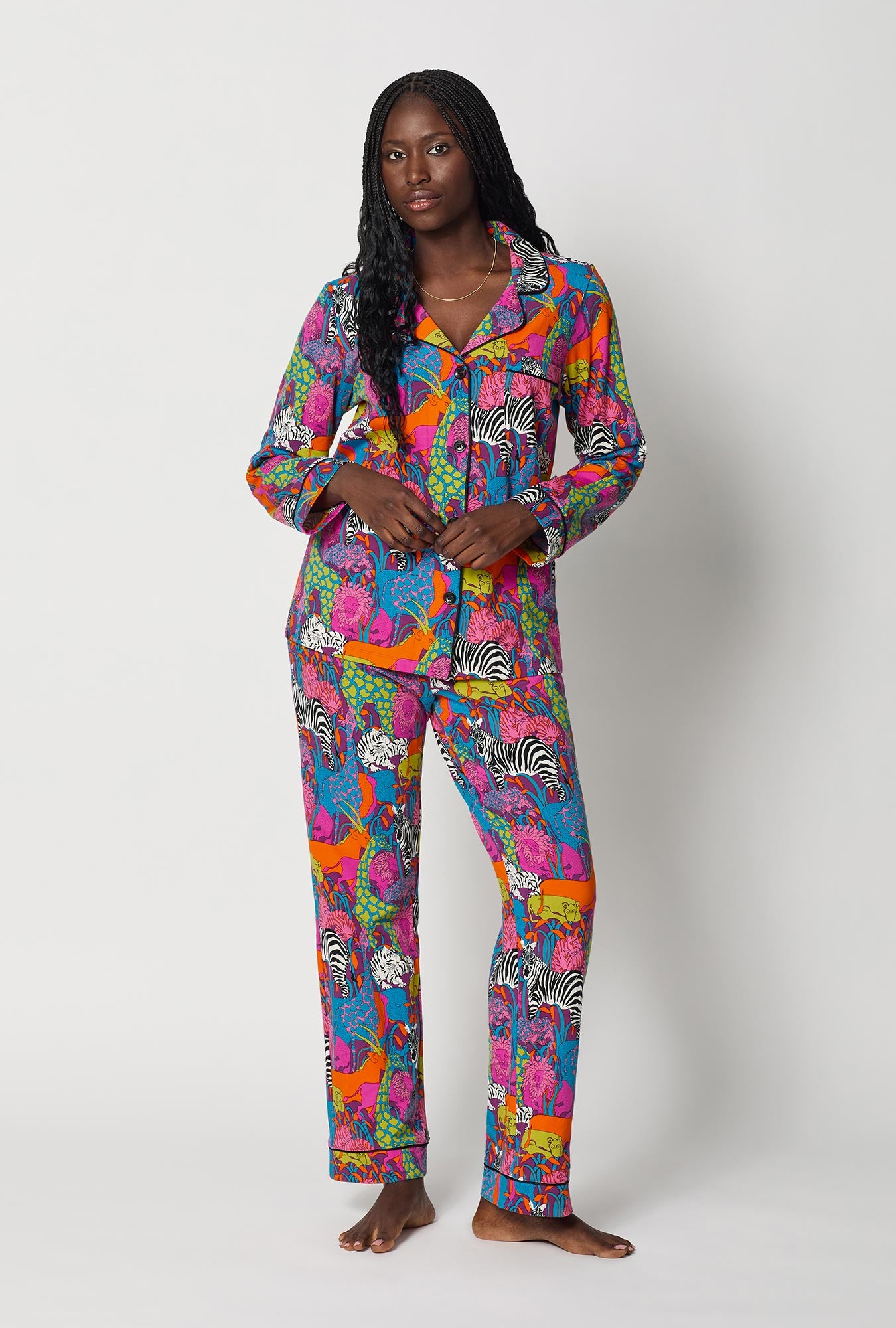 A lady wearing BedHead x Trina Turk Jungle Long Sleeve Classic Stretch Jersey Pj Set
