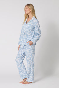 A Lady Wearing Minuet Toile Long Sleeve Classic Stretch Jersey Pj Set in a side angled pose