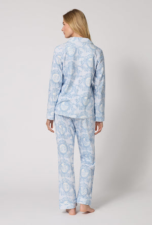 A Lady Wearing Minuet Toile Long Sleeve Classic Stretch Jersey Pj Set in a back view pose