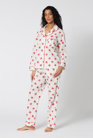 A Lady Wearing Celeste Long Sleeve Classic Woven Supersoft Cotton Poplin Pj Set facing front in a full standing pose