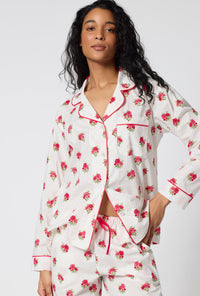 A Lady Wearing Celeste Long Sleeve Classic Woven Supersoft Cotton Poplin Pj Set facing front in a half close up shot