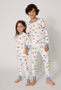 A boy and girl Snow Much Fun Long Sleeve Stretch Jersey Kids Pj Set