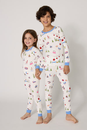 A boy and girl Snow Much Fun Long Sleeve Stretch Jersey Kids Pj Set