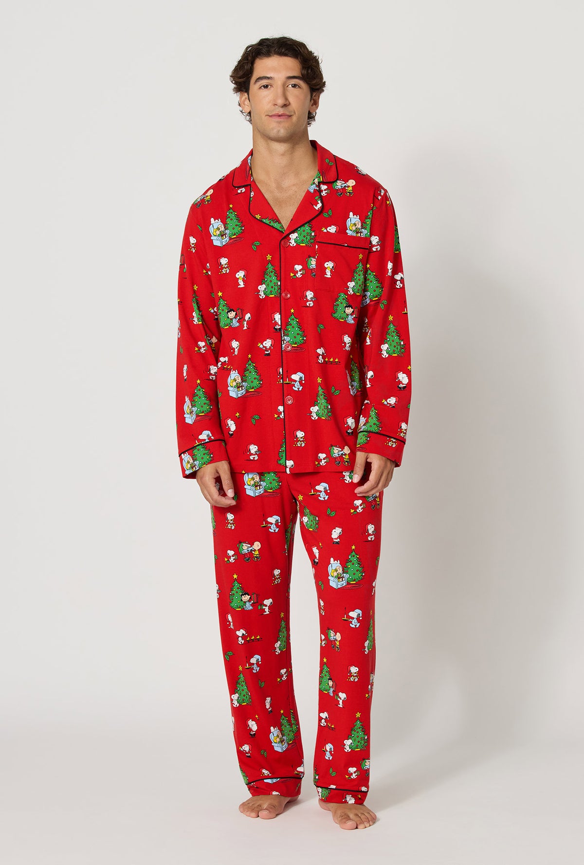 A lady wearing Merry, Beagle, & Bright Men's Long Sleeve Classic Stretch Jersey Pj Set