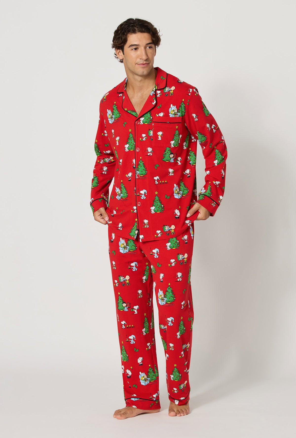 A lady wearing Merry, Beagle, & Bright Men's Long Sleeve Classic Stretch Jersey Pj Set looking side