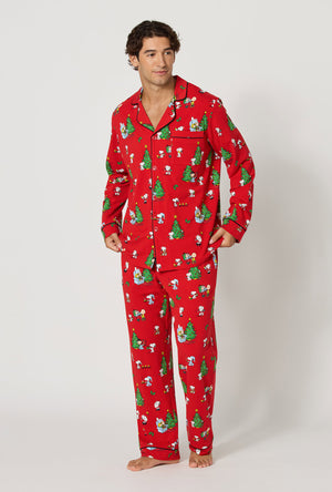A lady wearing Merry, Beagle, & Bright Men's Long Sleeve Classic Stretch Jersey Pj Set looking side