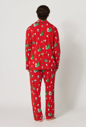 A lady wearing Merry, Beagle, & Bright Men's Long Sleeve Classic Stretch Jersey Pj Set back view