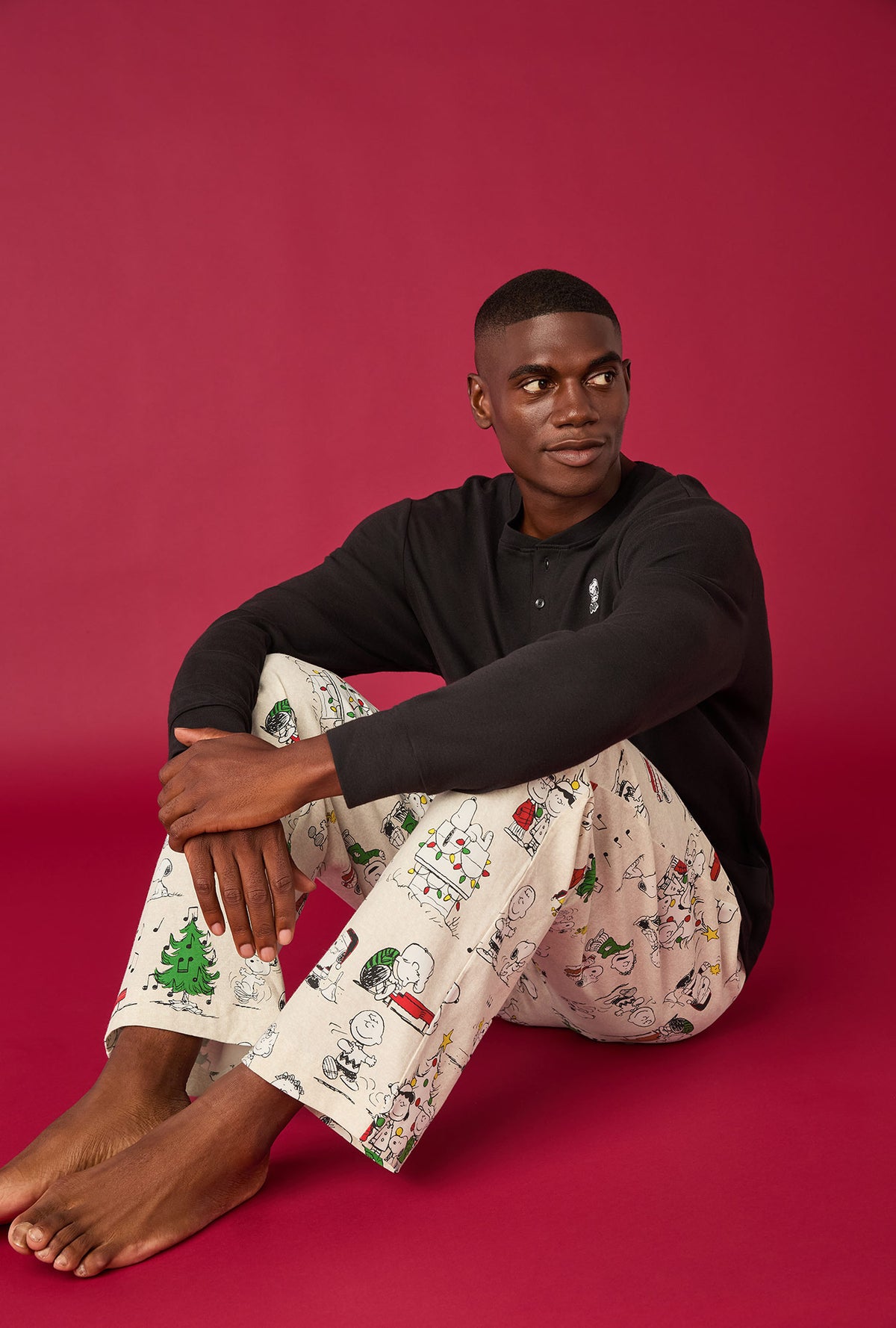 A man wearing Men&#39;s Long Sleeve Henley Stretch Jersey Pj Set