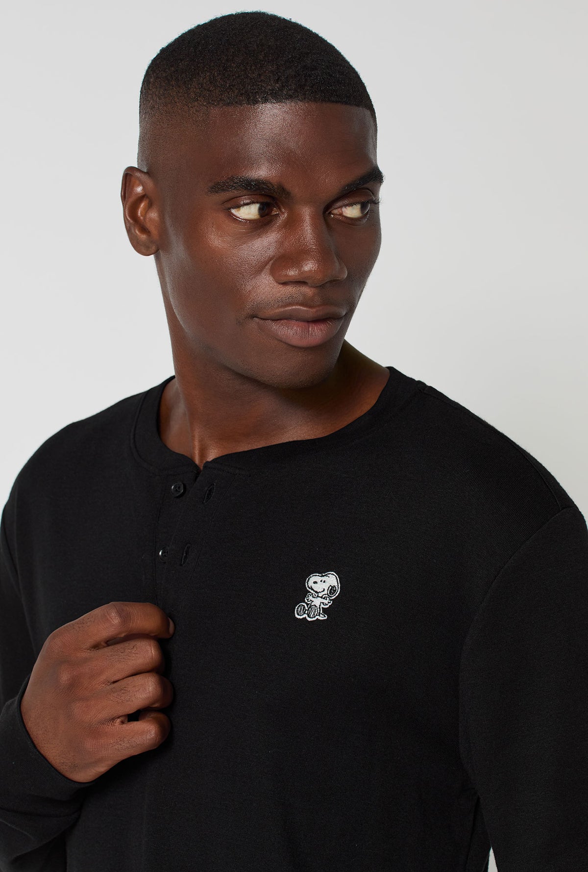 A man wearing Men&#39;s Long Sleeve Henley Stretch Jersey Pj Set