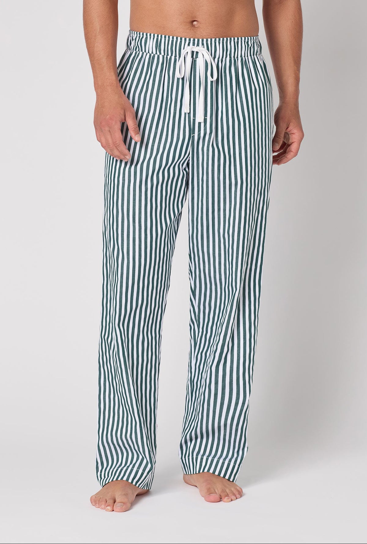 A lady wearing Green Signature Stripe Men's Woven Cotton Sateen Pj Pant