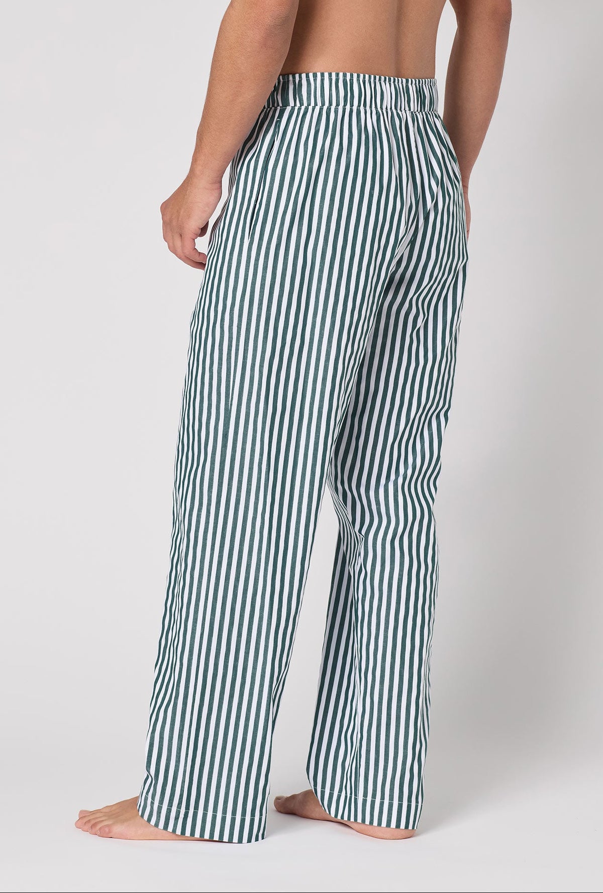 A lady wearing Green Signature Stripe Men's Woven Cotton Sateen Pj Pant back view