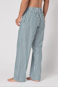 A lady wearing Green Signature Stripe Men's Woven Cotton Sateen Pj Pant back view
