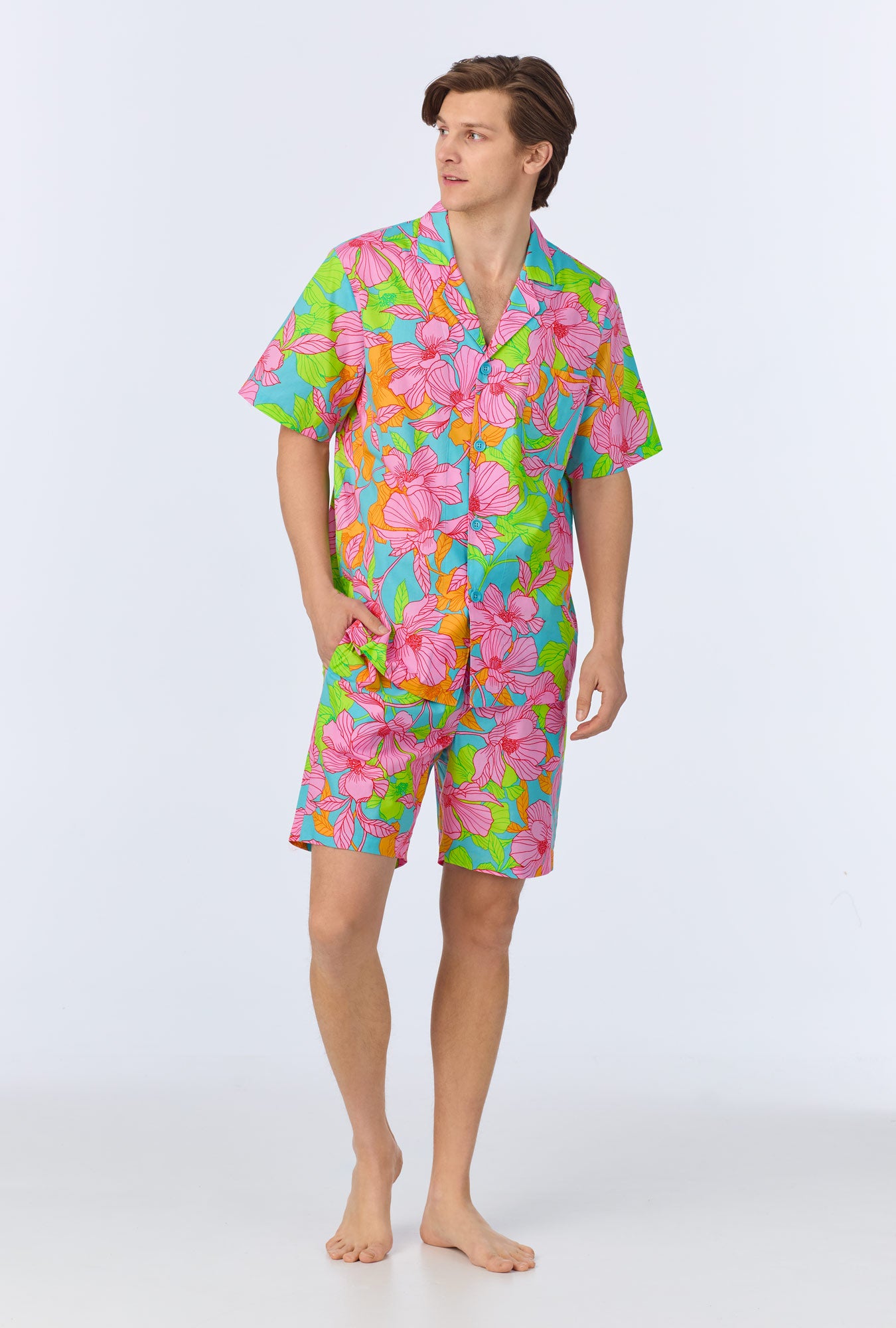 A man wearing  Linear Floral Men's Short Sleeve Notch Woven Cotton Poplin Boxer PJ Set