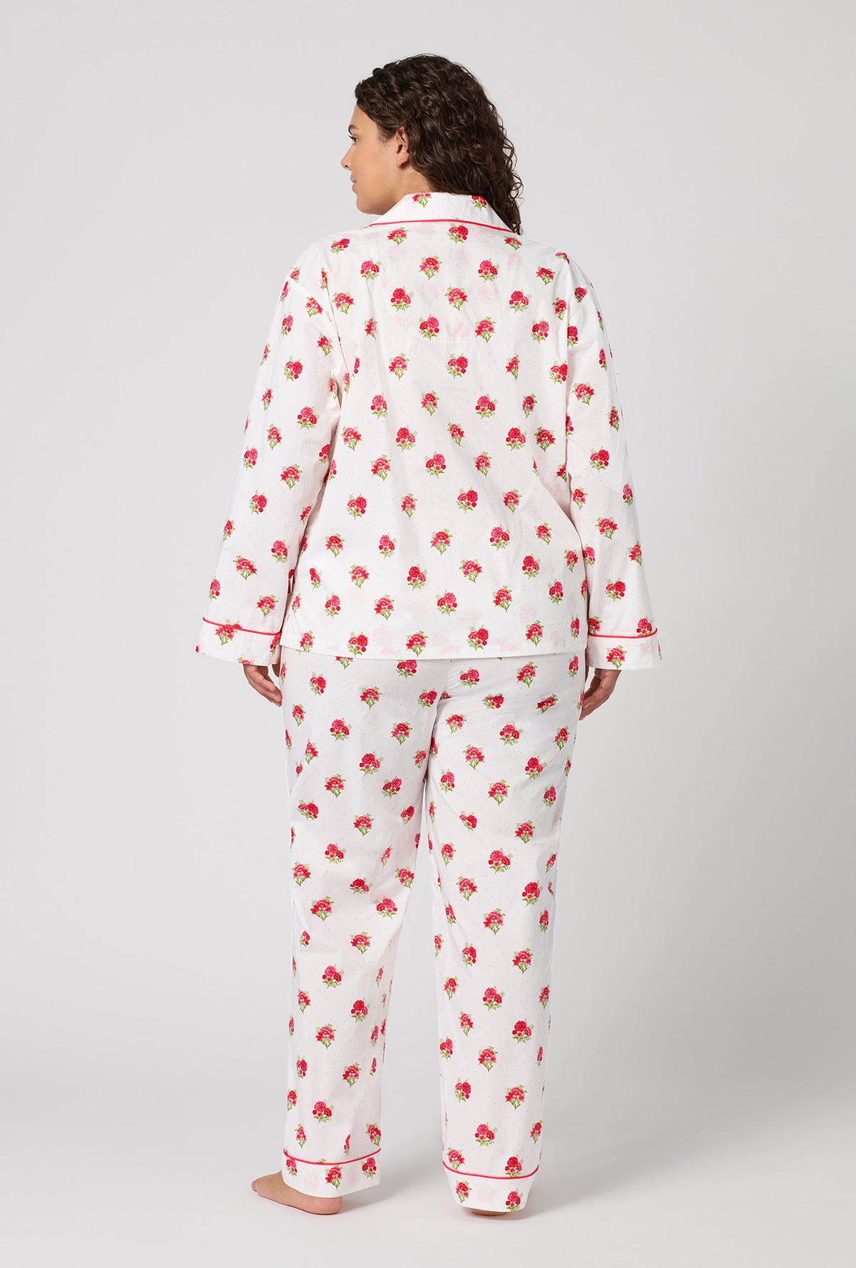 A Lady Wearing Plus Size Celeste Long Sleeve Classic Woven Supersoft Cotton Poplin Pj Set posing with a back view look